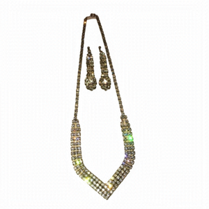 Vtg 50’s rhinestone necklace & earrings silver colour metal 18” chain 2.4” studs